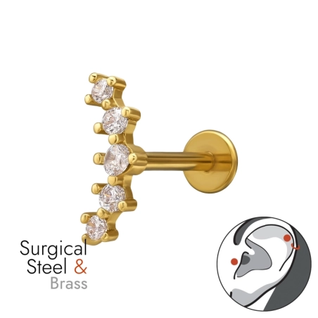 Piercing Do Horného Ucha S Tragusom, Helixom, Zlatým Náušníkom, Činka Z Nehrdzavejúcej Ocele A Mosadze, 1,2 X 8 mm (16 G). Ohrtu