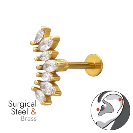 Piercing Do Horného Ucha S Vejárovitým Tragusom V Tvare Markízy S Priemerom 1,2 X 8 mm (16 G) A Špirálou, Zlatej Farby Ohrtunnel