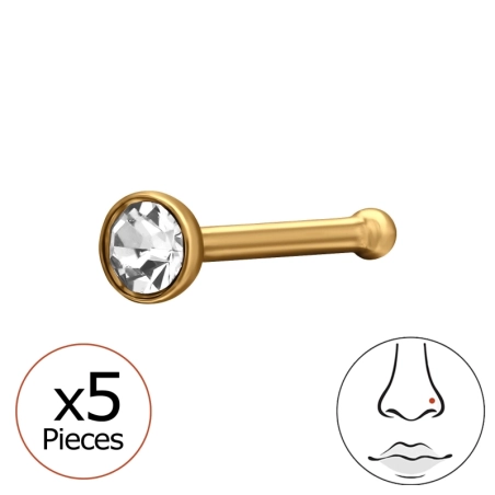 0,8 X 7,5 mm (20 G) 2 mm Runder Nasenstecker, Goldfarben (X5) Nasenpiercing Silber Schmuck | All4silver