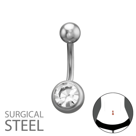 1,6X10Mm (14G) - 5mm Hladký Okrúhly Vrch, 8mm Okrúhly Krištáľový Spodok Bauchnabel Piercing Schmuck | All4silver