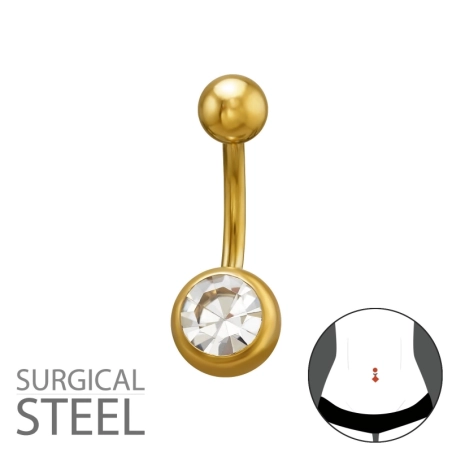 1,6X10Mm (14G) - 5mm Hladký Okrúhly Vrch, 8mm Okrúhly Krištáľový Spodok - Zlatá Farba Bauchnabel Piercing Schmuck | All4silver