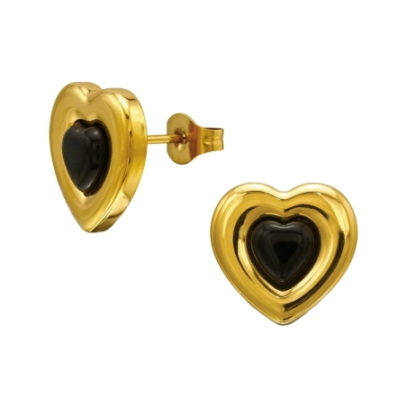 3D Herz mit schwarzer Mitte, Vergoldet Ohrstecker aus Edelstahl Schmuck | All4silver