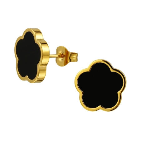 Blume mit Schwarzer Füllung, Vergoldet Ohrstecker aus Edelstahl Schmuck | All4silver