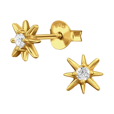 7 mm Großer, Achtzackiger Stern, Vergoldet Ohrstecker mit Zirkonia Steinen Schmuck | All4silver