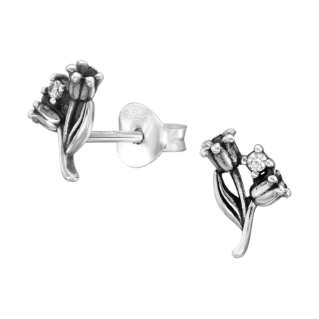 Zwei Tulpen Oxidiert  mit Zirkonia Ohrstecker mit Zirkonia Steinen Schmuck | All4silver