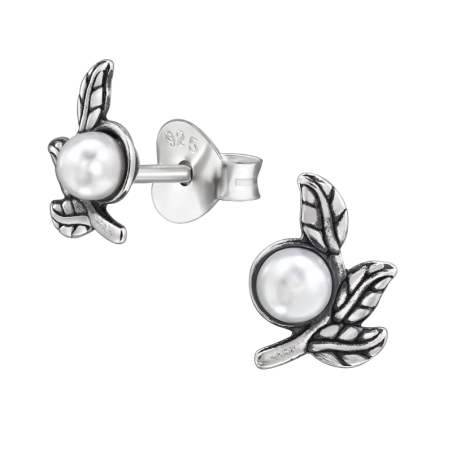 Zweig Mit Drei Blättern Ohrstecker mit Perlen Schmuck | All4silver