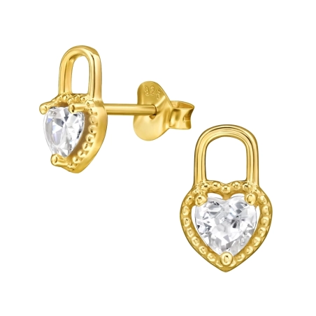 Goldenes Vorhängeschloss Herz Ohrstecker mit Zirkonia Steinen Schmuck | All4silver