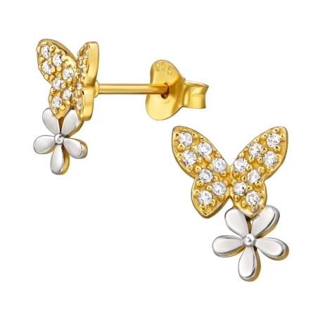 Goldener Schmetterling und Blume mit Zirkonia Ohrstecker mit Zirkonia Steinen Schmuck | All4silver
