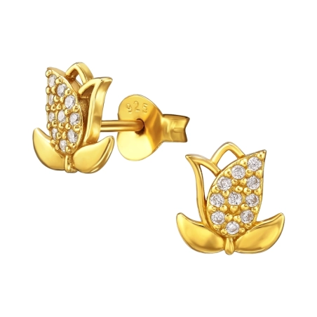 Goldene Tulpe Blume Ohrstecker mit Zirkonia Steinen Schmuck | All4silver