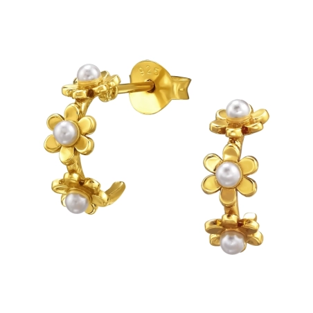 Goldene Blume Halbkreis mit Perlen Ohrstecker mit Perlen Schmuck | All4silver