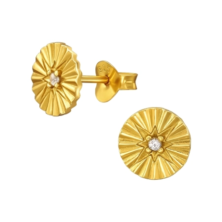 Goldene runde gemusterte Scheibe mit Zirkonia Ohrstecker mit Zirkonia Steinen Schmuck | All4silver
