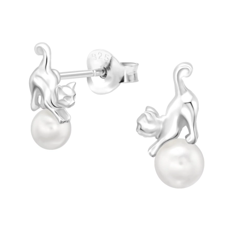 Katze mit Perle Ohrstecker mit Perlen Schmuck | All4silver