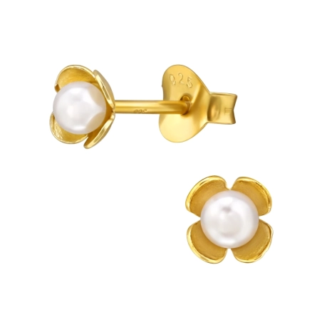 Goldene Blume mit Perle Ohrstecker mit Perlen Schmuck | All4silver