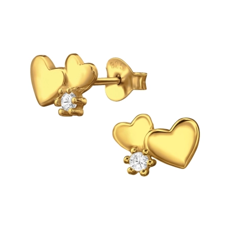 Goldenes Doppelherz Ohrstecker mit Zirkonia Steinen Schmuck | All4silver