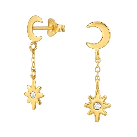 Goldene Mondsichel und Stern Ohrstecker mit Kristall Schmuck | All4silver