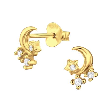 Goldener Mond Und Sterne Ohrstecker mit Zirkonia Steinen Schmuck | All4silver