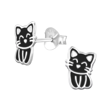 Schwarze Katze - 925Er Silber Ohrstecker Mit Emaillefarben