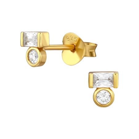 Goldenes Baguette und Rund Ohrstecker mit Zirkonia Steinen Schmuck | All4silver