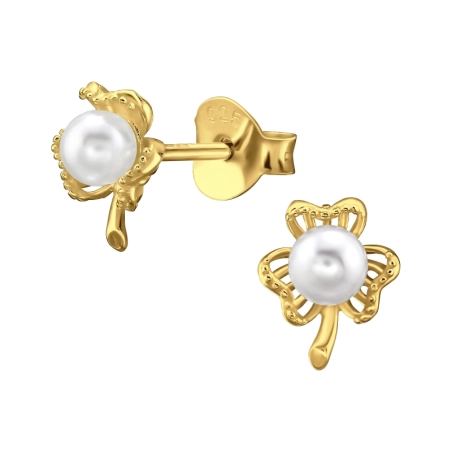 Goldenes dreiblättriges Kleeblatt mit Perle Ohrstecker mit Perlen Schmuck | All4silver