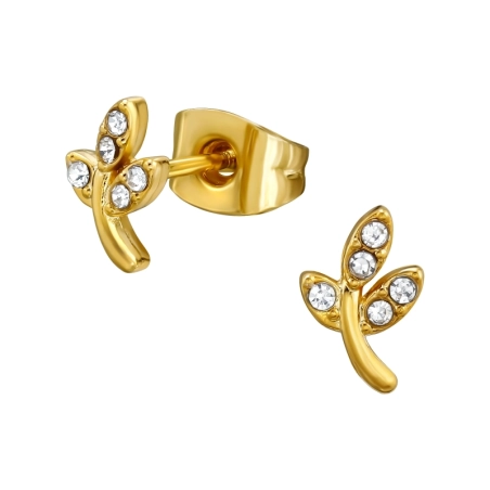 Goldene Laub mit Kristallen Ohrstecker aus Edelstahl Schmuck | All4silver