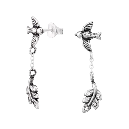 Vogel Und Blatt Ohrstecker mit Kristall Schmuck | All4silver