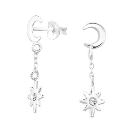 Hängender Stern mit Halbmond Ohrstecker mit Kristall Schmuck | All4silver