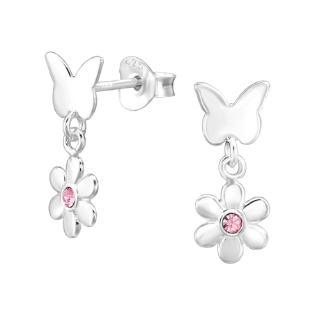 ฺSchmetterling Und Blume - 925er Silber Ohrstecker mit Kristall