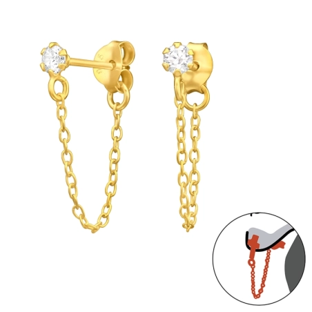 Goldener 3mm Zirkoniastift mit hängender Kette Doppelseitige Ohrstecker Schmuck | All4silver
