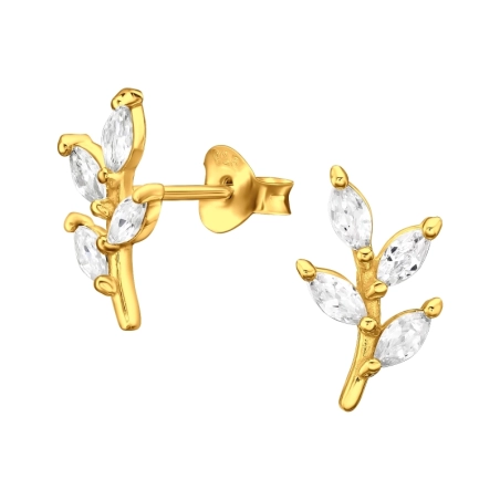 Vergoldetes Olivenblatt Ohrstecker mit Zirkonia Steinen Schmuck | All4silver