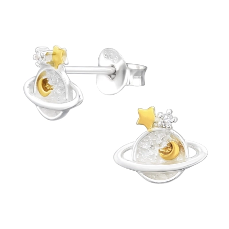 Saturn und vergoldeter Mond und Stern Ohrstecker mit Zirkonia Steinen Schmuck | All4silver