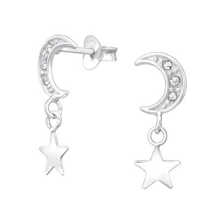 Mond mit hängendem Stern Ohrstecker mit Kristall Schmuck | All4silver