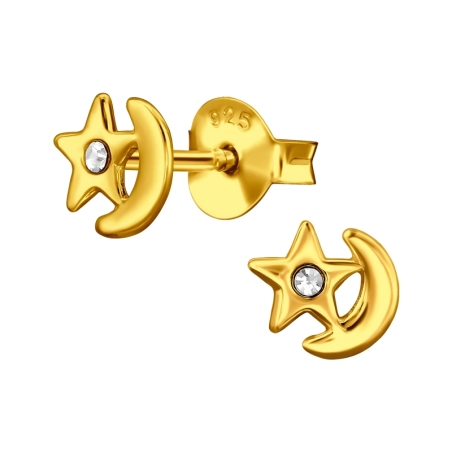 Vergoldeter Mond und Stern Ohrstecker mit Kristall Schmuck | All4silver