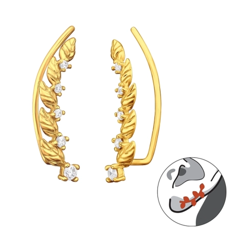Vergoldete Blätter mit Zirkonen Ohrklemme und Ohrkletterer Schmuck | All4silver