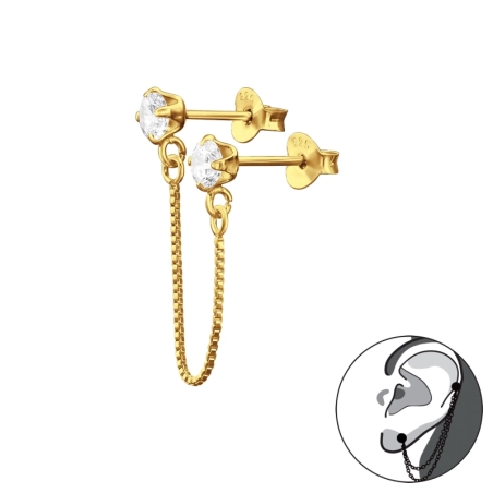 4 mm vergoldete Zirkone, verbunden mit einer Kette Doppelseitige Ohrstecker Schmuck | All4silver