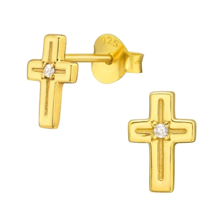 Vergoldetes Kreuz mit Zirkon Ohrstecker mit Zirkonia Steinen Schmuck | All4silver