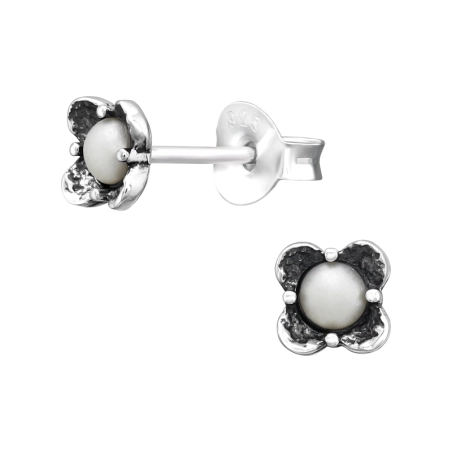 Oxidierte Blume mit Perle Ohrstecker mit Perlen Schmuck | All4silver