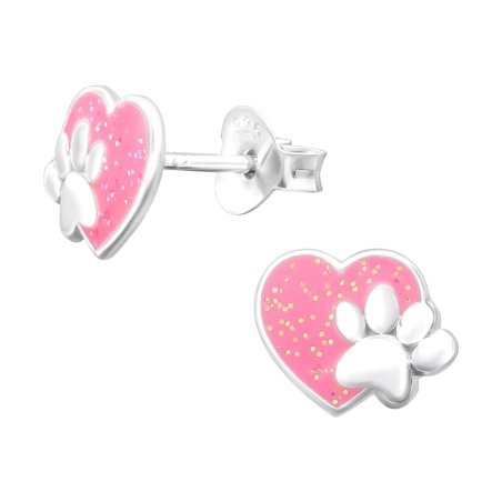 Rosa Herz mit Glitzer und Pfote Ohrstecker mit Emaillefarben Schmuck | All4silver