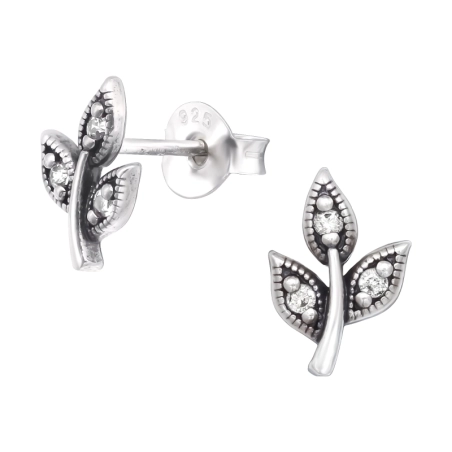 Oxidierte Blätter mit Zirkonen Ohrstecker mit Zirkonia Steinen Schmuck | All4silver
