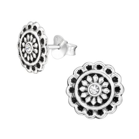 Oxidierte Blume mit Kristall - Schmuck Silber 925 Kristall-Ohrstecker