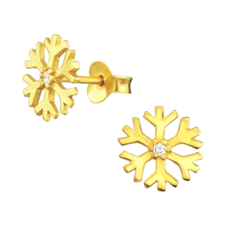 Vergoldete Schneeflocke mit Zirkon - Ohrstecker aus 925er Sterlingsilber mit Zirkon