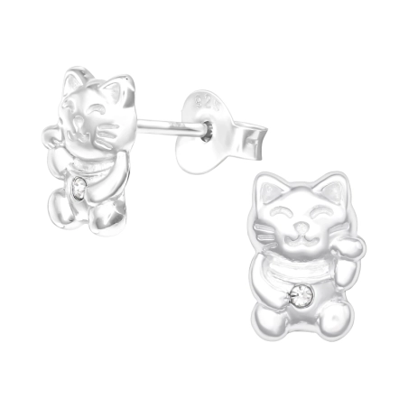 Glückliche Katze mit Kristall - 925er Sterlingsilber-Kristall-Ohrstecker