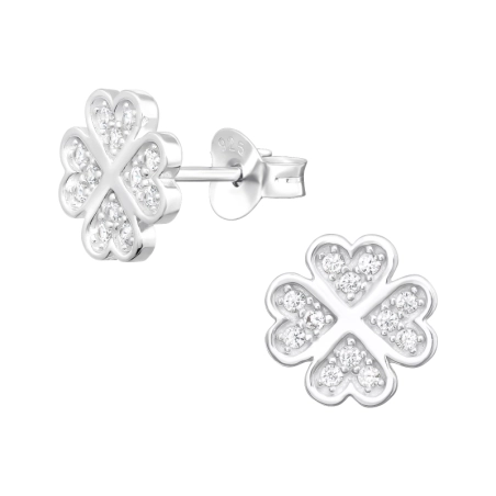 Vierblättriges Kleeblatt mit Zirkonen - Ohrstecker aus 925er Sterlingsilber mit Zirkonen