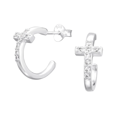 Halbkreis mit Kreuz und Zirkonen - Ohrstecker aus 925er Sterlingsilber mit Zirkon