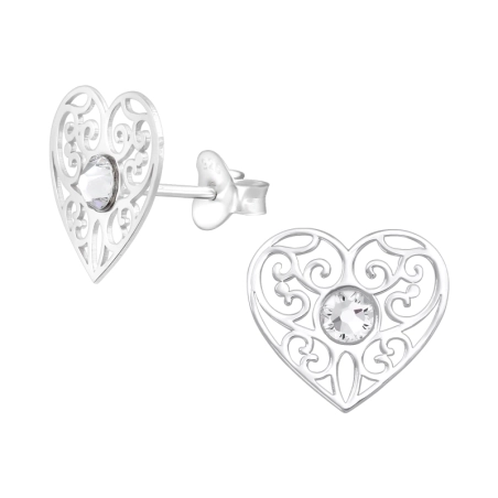 Filigranes Herz Ohrstecker mit Kristall Schmuck | All4silver