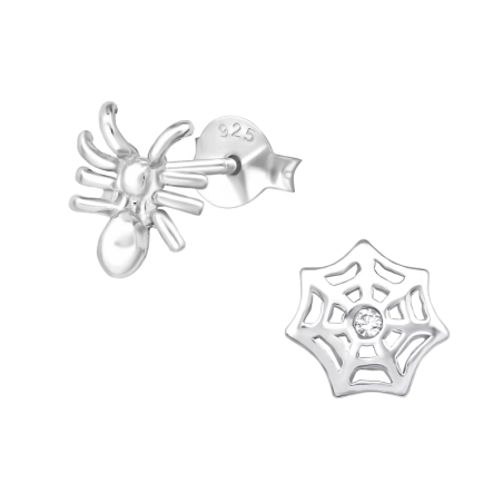 Silberne Spinne und Spinnennetz Ohrstecker mit Kristall Schmuck | All4silver