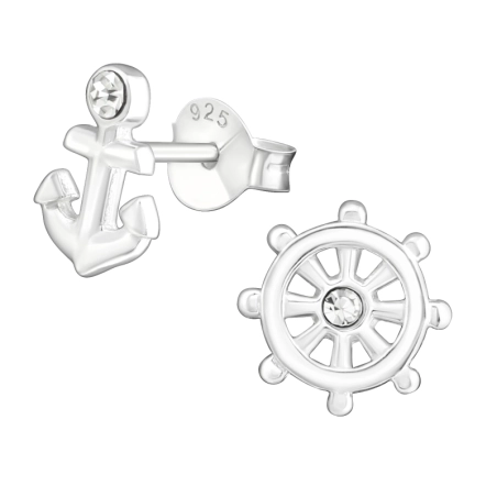 Silberne Anker und Schiffsruder Ohrstecker mit Kristall Schmuck | All4silver