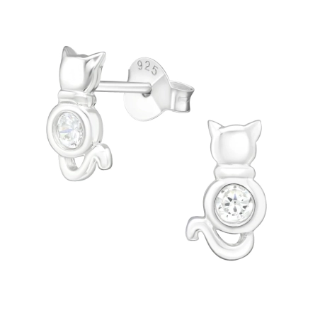Silberne Katze Ohrstecker mit Zirkonia Steinen Schmuck | All4silver