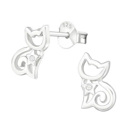 Silberne Katze Ohrstecker mit Zirkonia Steinen Schmuck | All4silver