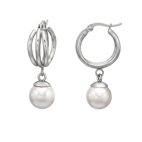 20 mm Dreifach Creolen mit baumelnder Perle Stahl-Huggies und Creolen Schmuck | All4silver