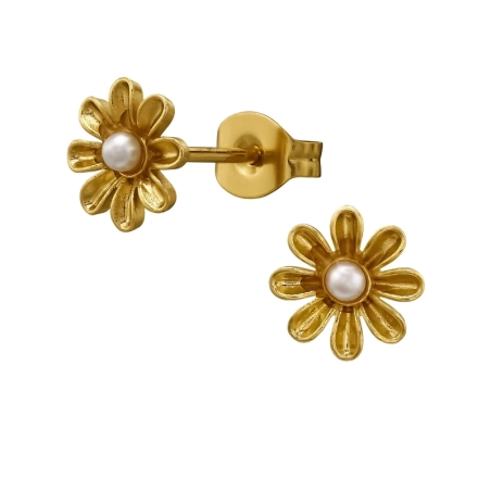 7,5 mm  Blume mit Perle, Vergoldet Stahl-Ohrstecker Schmuck | All4silver